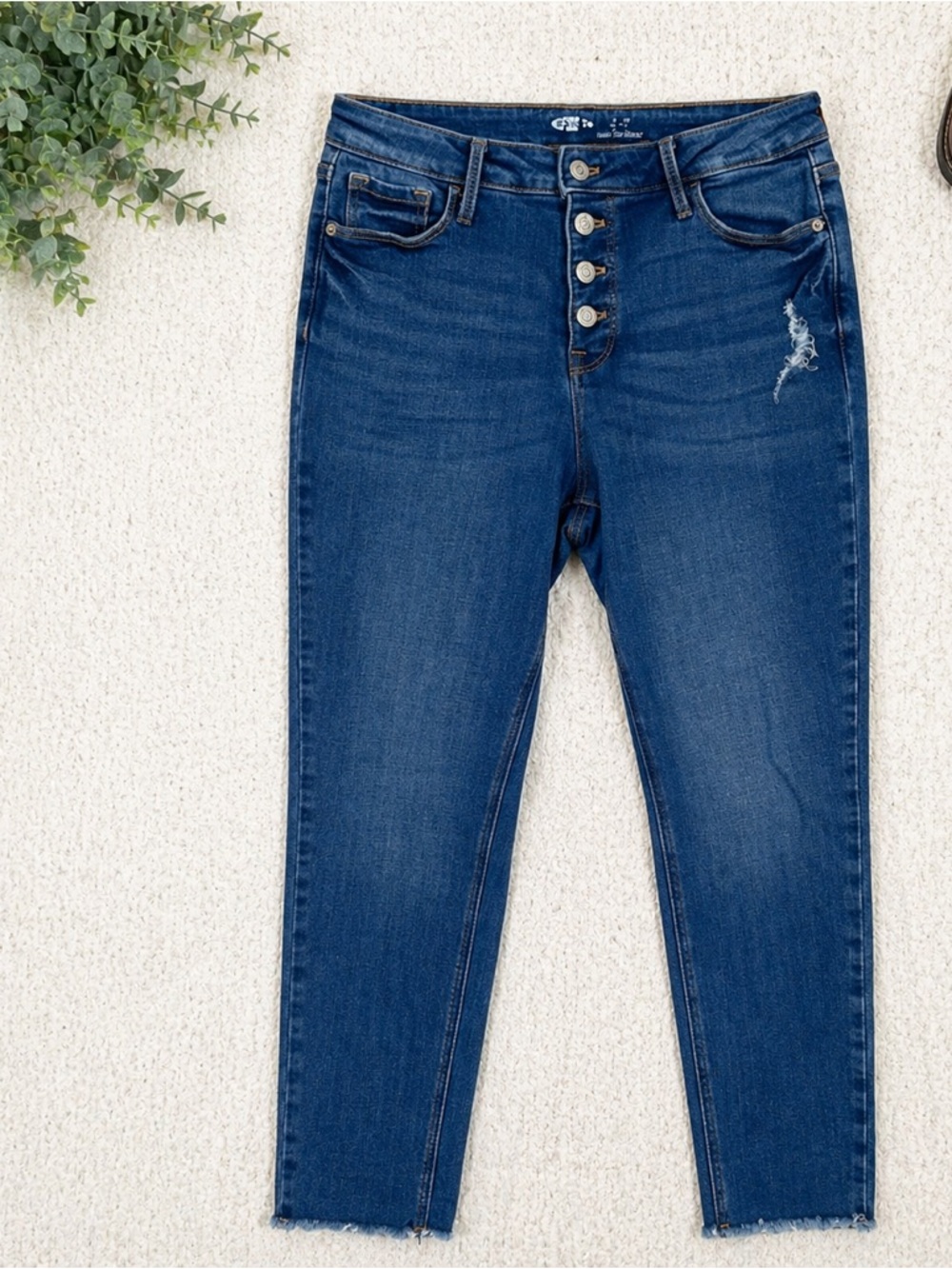 Old Navy Button Fly Skinny Jeans Size 8 High Rise Blue Denim Raw Hem